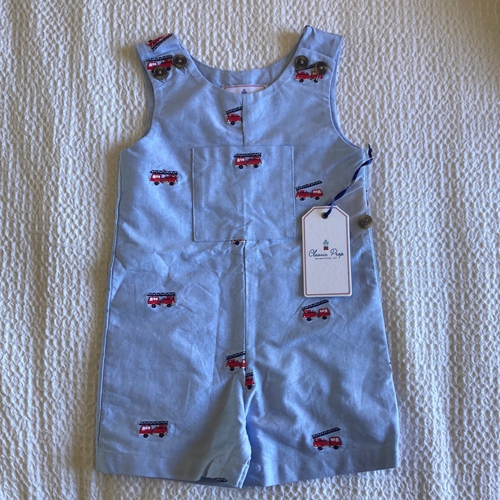 Classic Prep Light Blue Overalls with Red Bus Design
